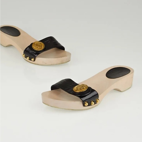 Gucci Black Patent Leather Crest Wooden Slide Sandals size 36.5 - Picture 2 of 4